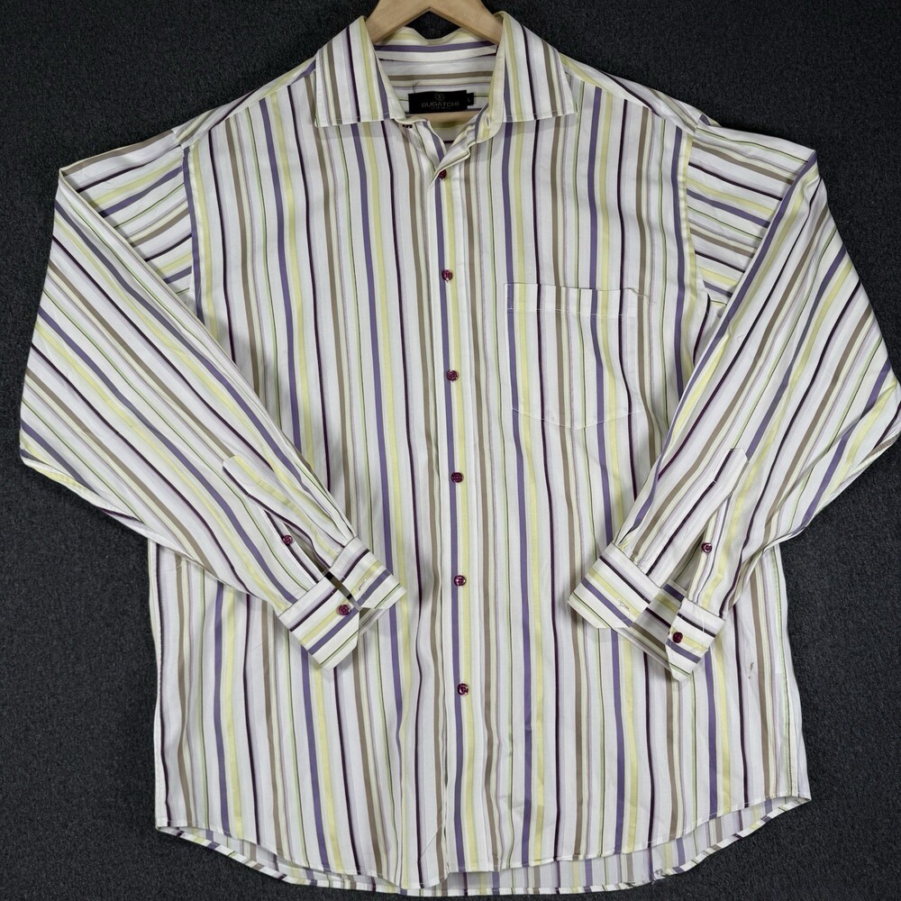 Bugatchi Uomo Mens L Purple Yellow Striped Long Sleeve Button Up Dress Shirt